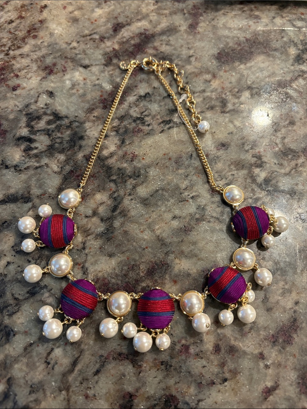 Talbots Gold-Tone Purple & Red Fabric Bead Necklace with Pearls